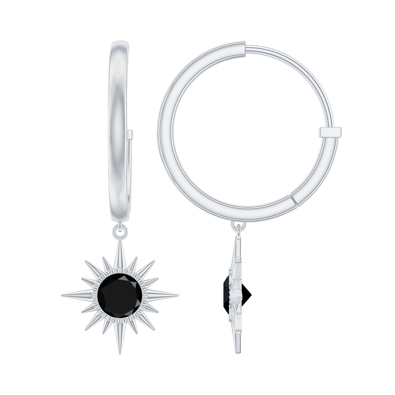 1.25 CT Bezel Set Black Diamond Sunburst Drop Hoop Earrings