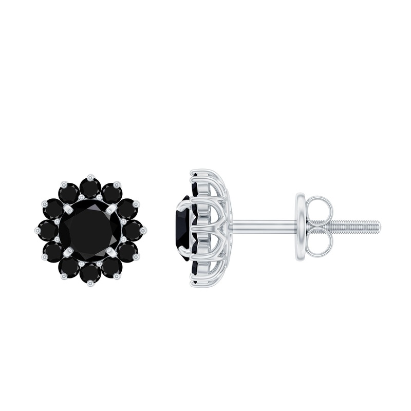 1.5 CT Natural Black Diamond Floral Stud Earrings in Prong Setting