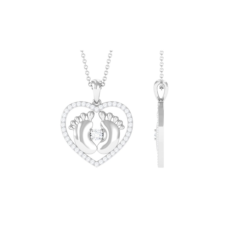 0.75 CT Moissanite Heart Pendant Necklace with Gold Baby Feet