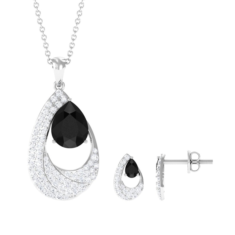 4 CT Black Onyx and Moissanite Teardrop Bridal Pendant Earrings Set