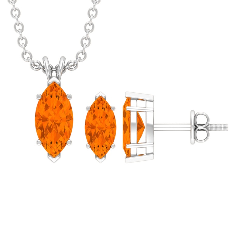 4X8 MM Marquise Cut Fire Opal Solitaire Pendant and Earring Set