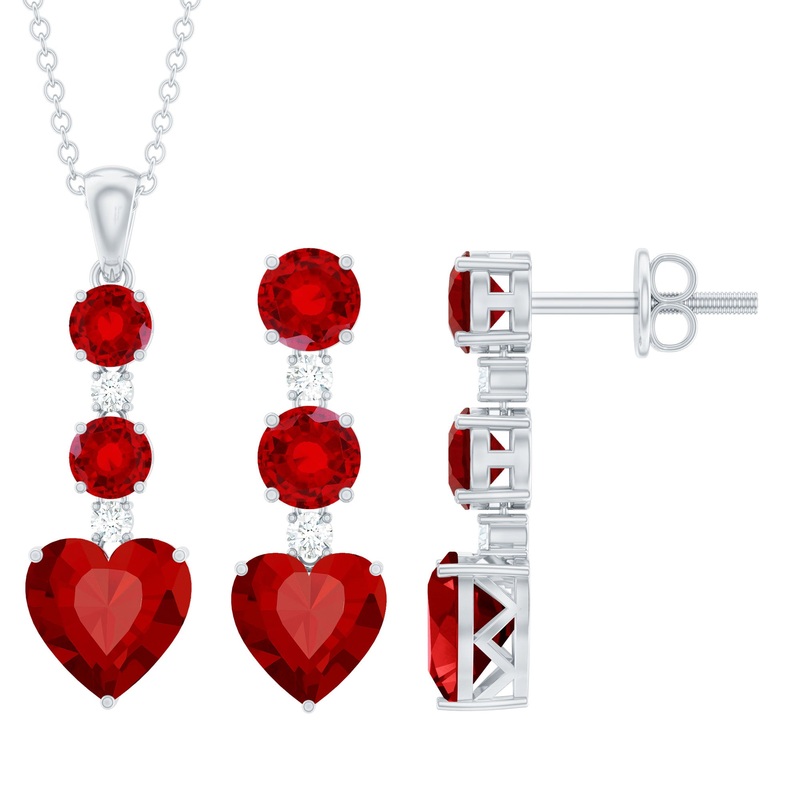 Certified Lab Grown Ruby Heart Bridal Jewelry Set With Moissanite