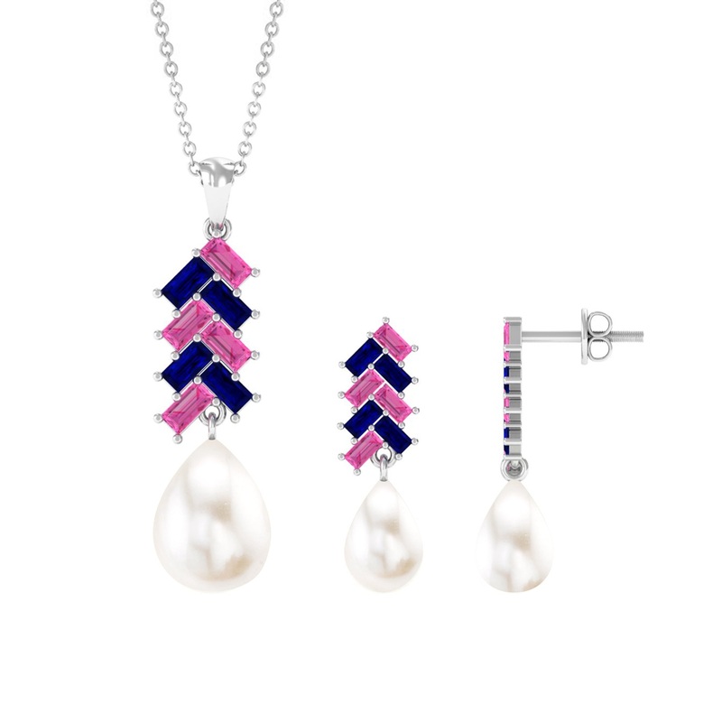 Freshwater Pearl Drop Jewelry Set with Pink and Blue Sapphire