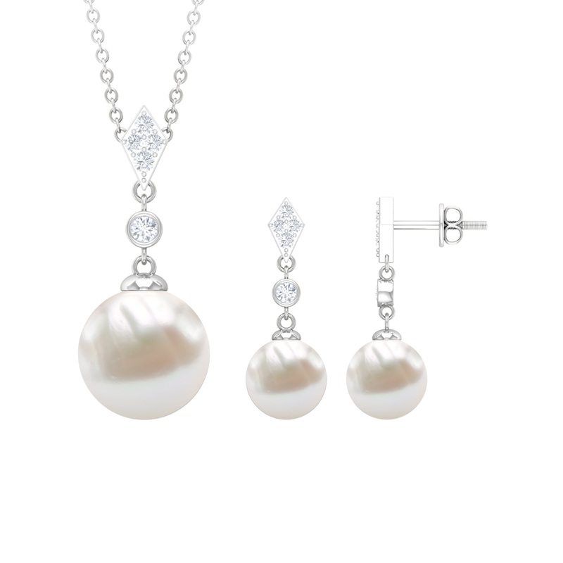 Freshwater Pearl Simple Dangle Drop Pendant and Earrings Set with Diamond
