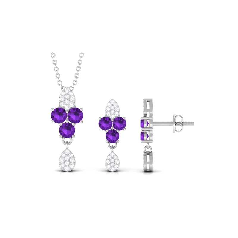 Unique Amethyst and Diamond Dangle Pendant Earrings Set