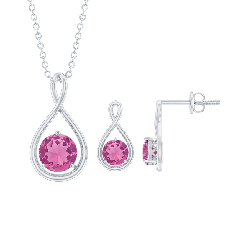 1.25 CT Solitaire Pink Tourmaline Infinity Pendant and Earring Set
