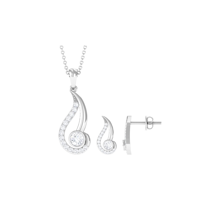 1 CT Zircon Modern Leaf Pendant and Earrings Set in Gold