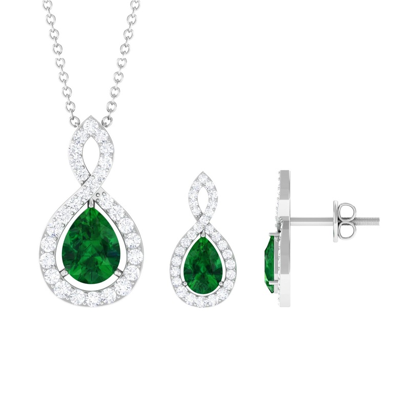 2.25 CT Certified Created Emerald Teardrop Infinity jewelry Set with Diamond Accent