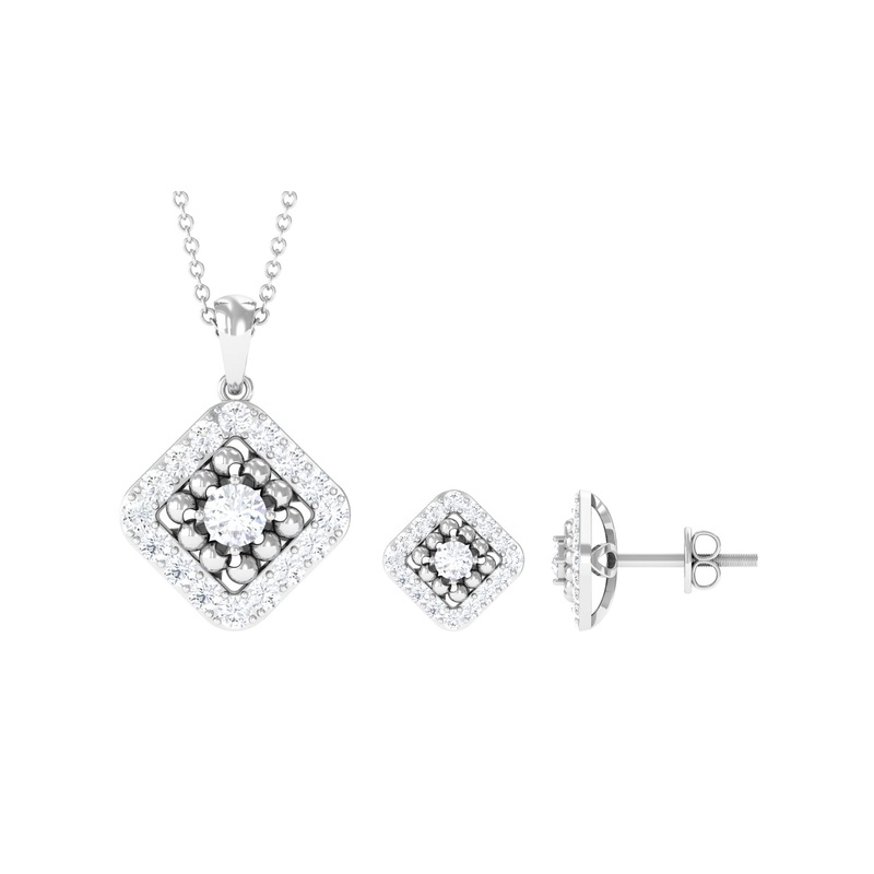2 CT Zircon Bridal Pendant Earrings Set with Beaded Gold