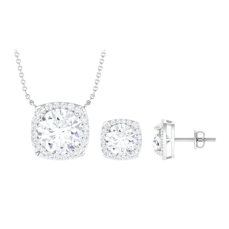8.50 CT Round Cut Zircon Halo Necklace and Earrings Set