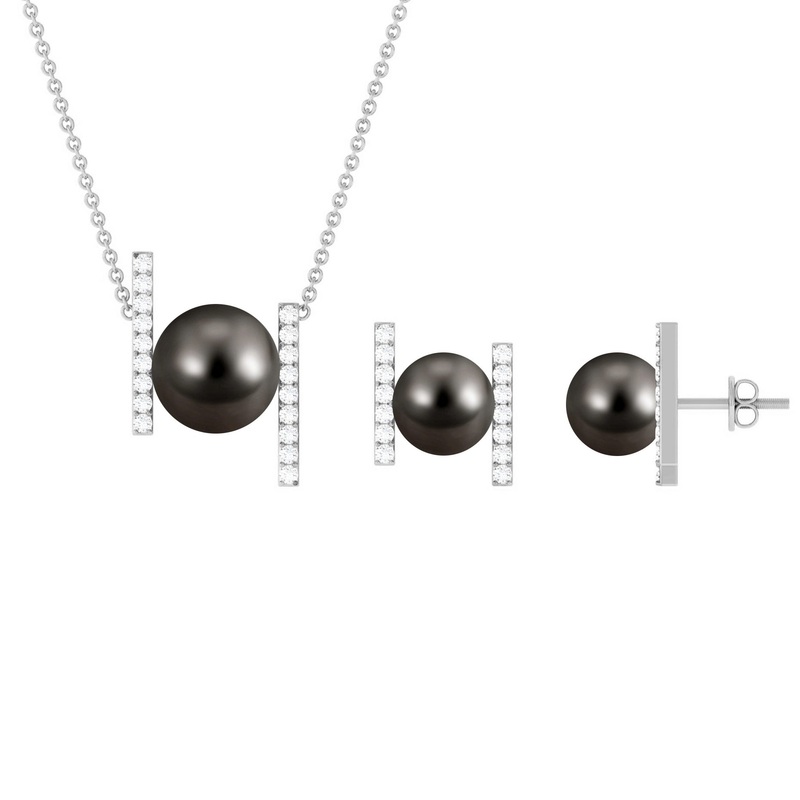 Black Tahitian Pearl Necklace and Earrings Set with Moissanite