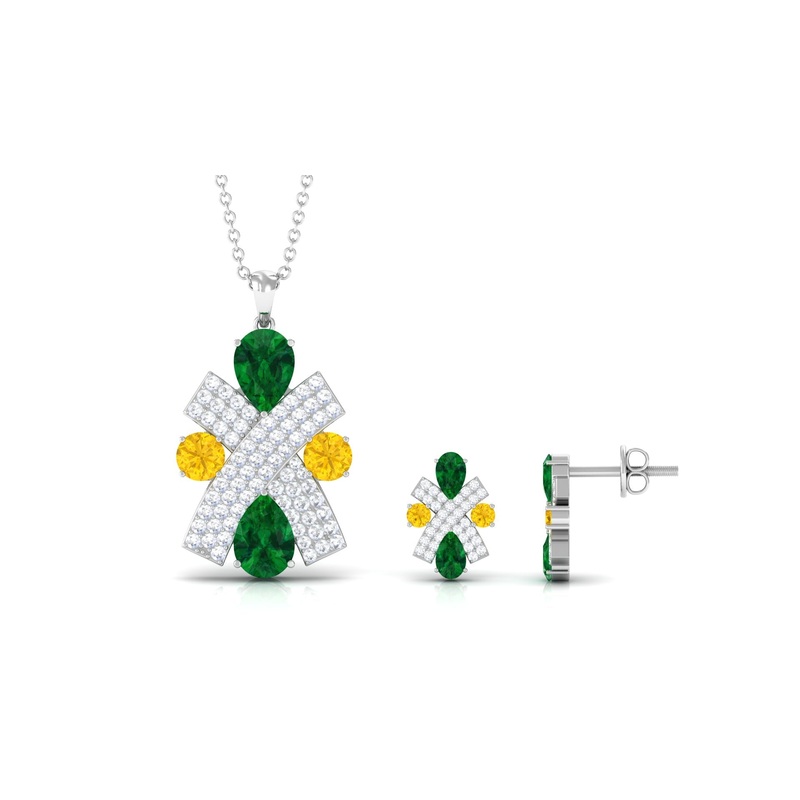 Designer Created Emerald and Yellow Sapphire Jewelry Set with Moissanite