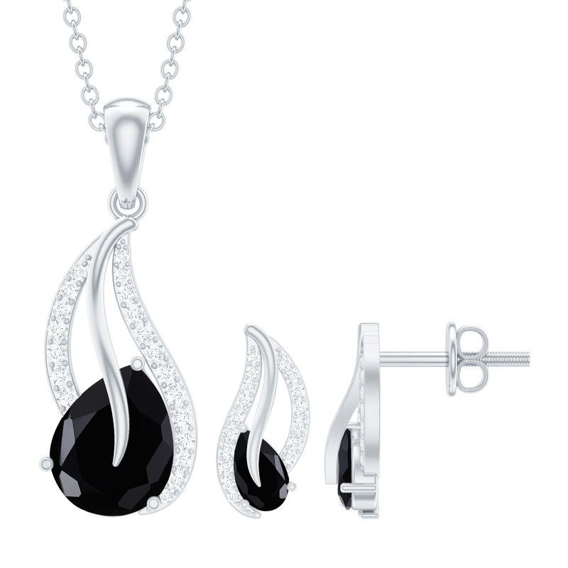 Minimal Teardrop jewelry Set with 3 CT Pear Cut Black Onyx and moissanite stones