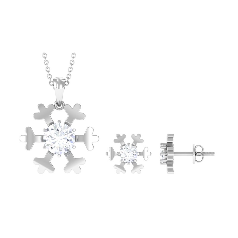 Round Cut Zircon Solitaire Snowflake Pendant Necklace Earrings Set