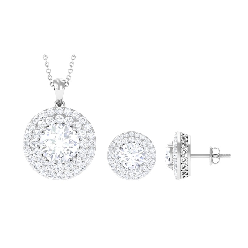 Round Shape Zircon Double Halo Pendant Earrings Set