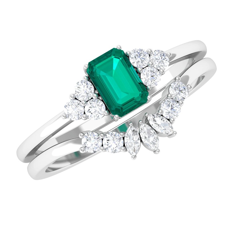 Solitaire Emerald and Diamond Wedding Ring Set