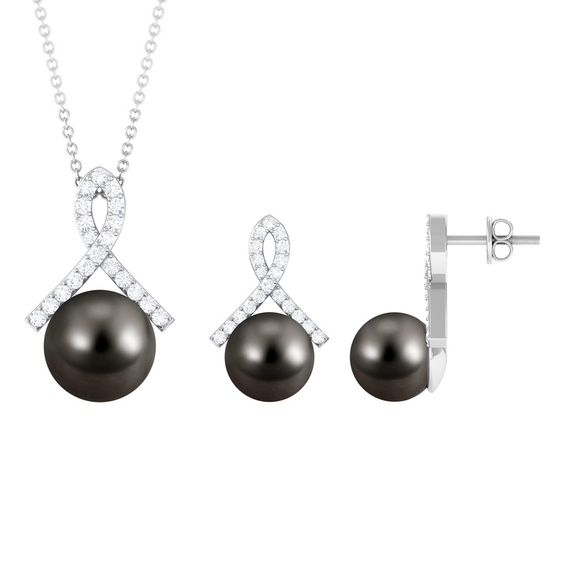 Solitaire Tahitian Pearl Pendant and Earrings Set with Moissanite