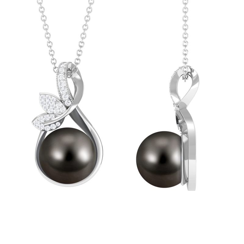 Tahitian Pearl and Diamond Minimal Pendant with Leaf Motif