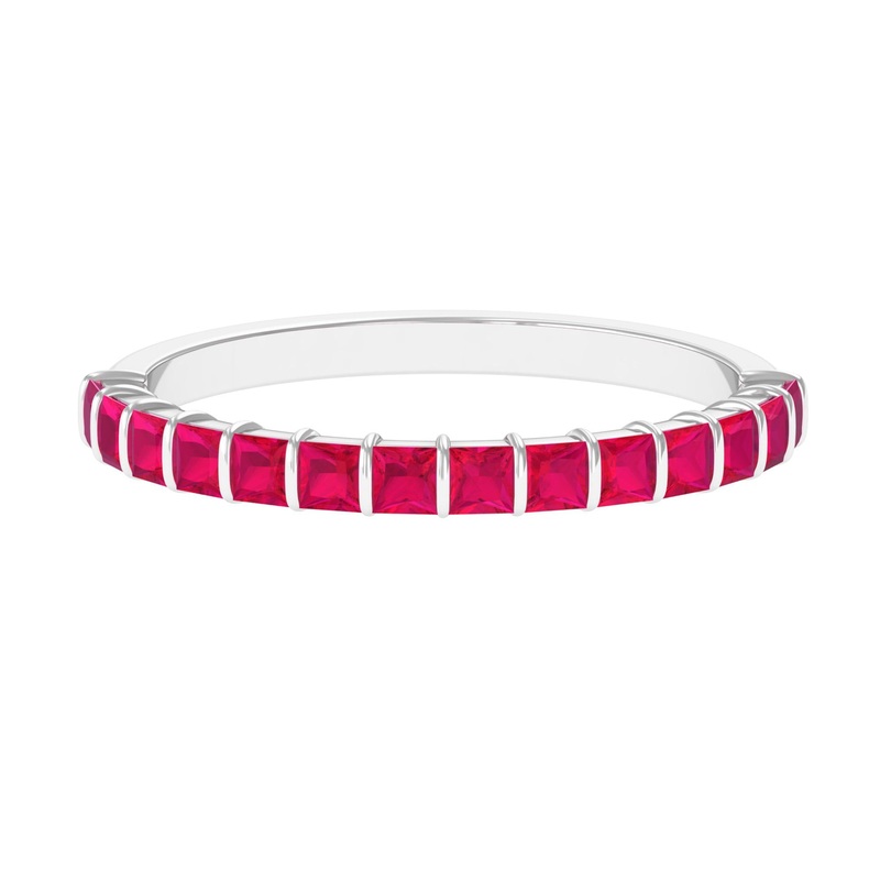 Princess Cut Ruby Semi Eternity Ring in Bar Setting