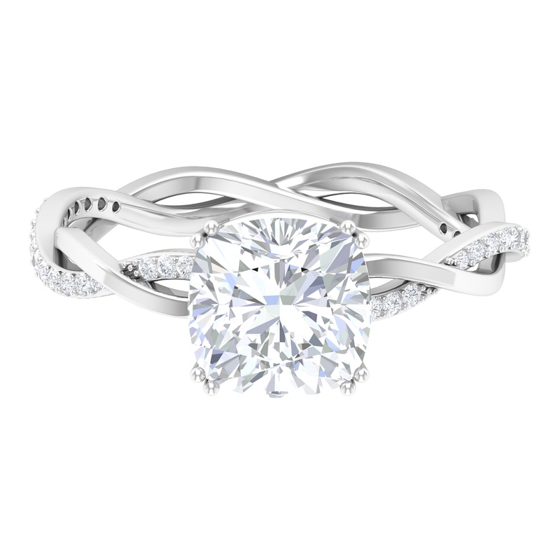Solitaire Ring with 8 MM Cushion Cut Moissanite in Double Prong Setting with Braided Shank