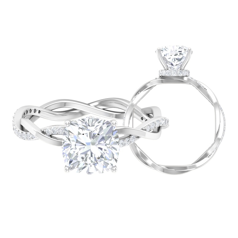 Solitaire Ring with 8 MM Cushion Cut Moissanite in Prong Setting with Hidden Halo and Braided Shank