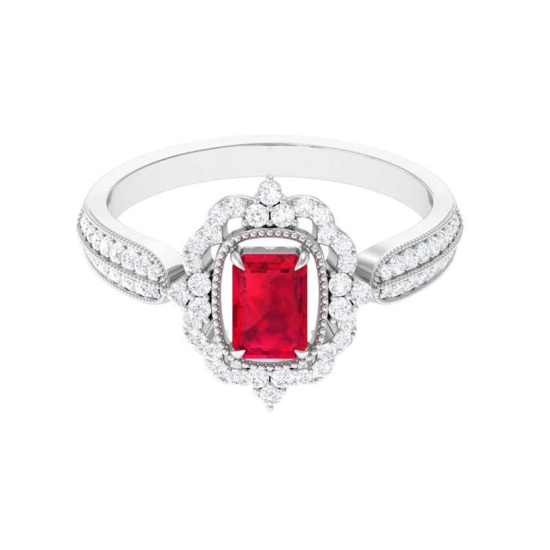 Vintage Style Emerald Cut Created Ruby Engagement Ring with Diamond Floral Halo
