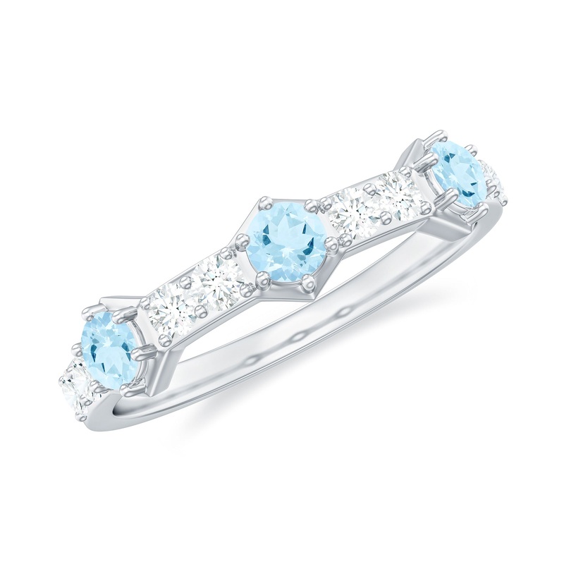 Real Aquamarine and Diamond Half Eternity Ring