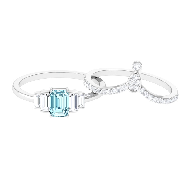 Real Aquamarine and Moissanite Stackable Ring Set