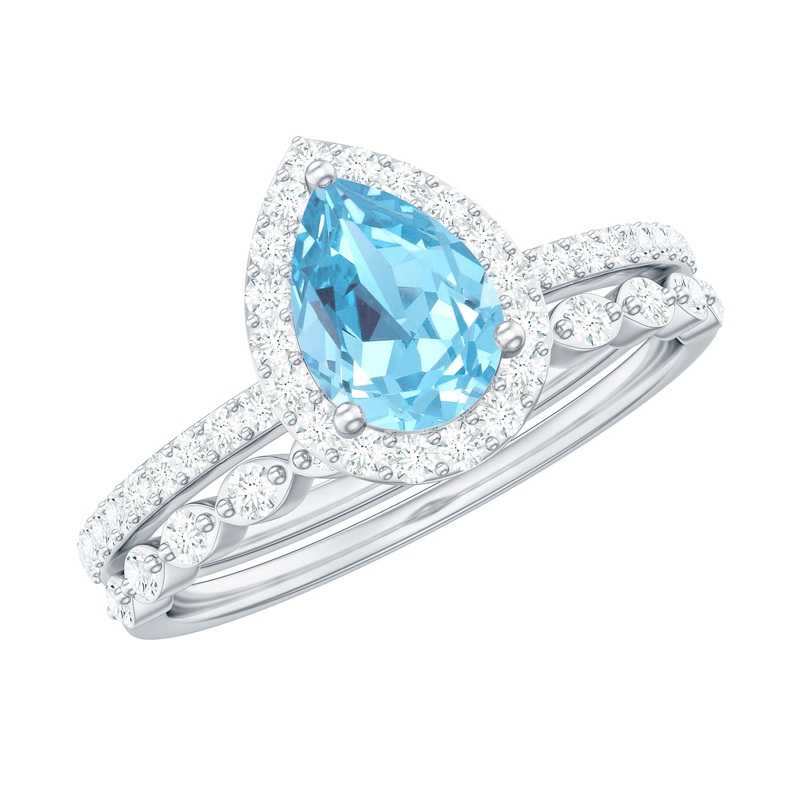 Teardrop Aquamarine Bridal Ring Set with Diamond