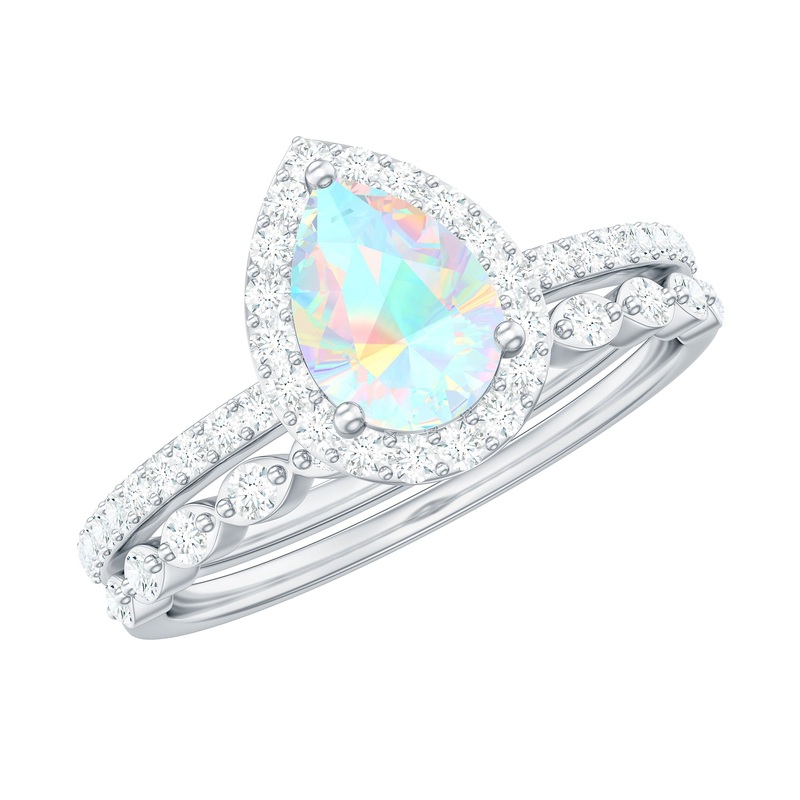 Teardrop Ethiopian Opal Bridal Ring Set with Diamond