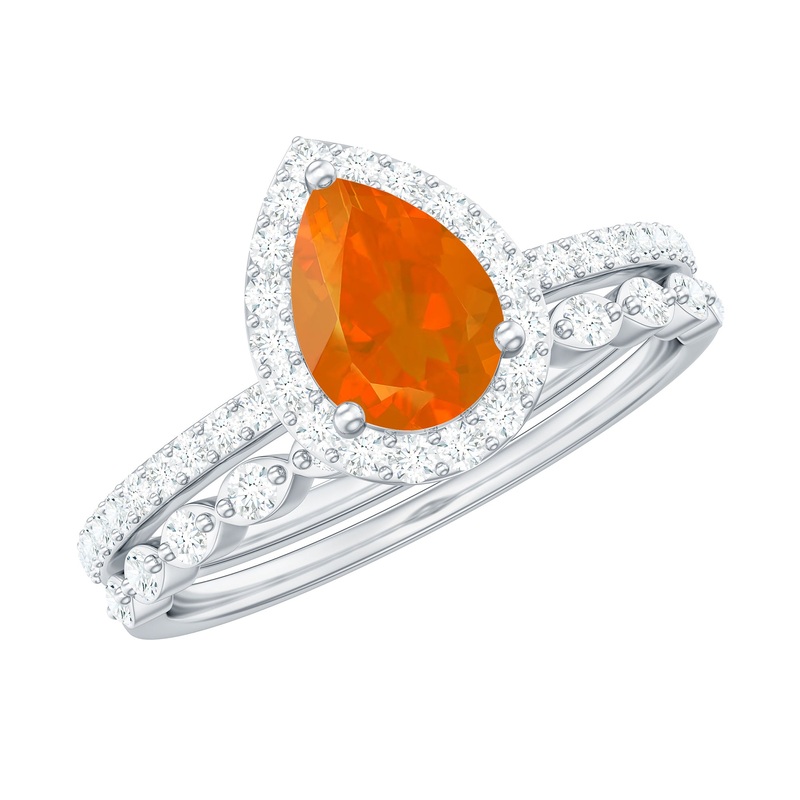 Teardrop Fire Opal Bridal Ring Set with Diamond