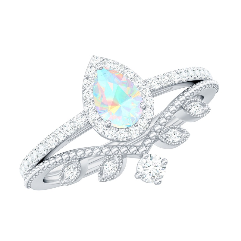 Vintage Style Ethiopian Opal Teardrop Wedding Ring Set with Diamond