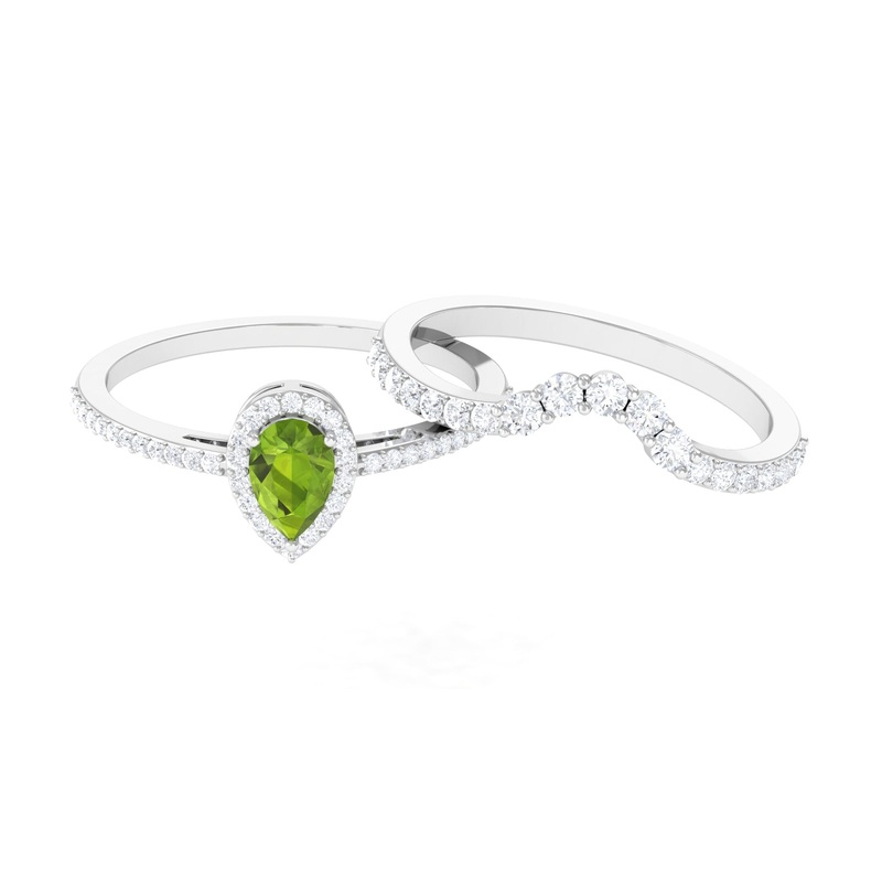 1.5 CT Peridot Designer Teardrop Ring Set with Moissanite Halo