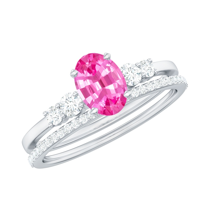 1.50 CT Oval Cut Solitaire Created Pink Sapphire Ring Set with Diamond