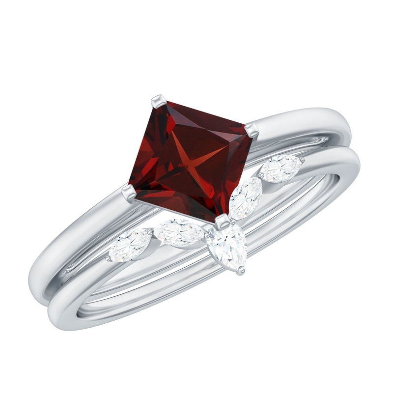 Princess Cut Garnet and Diamond Solitaire Ring Set