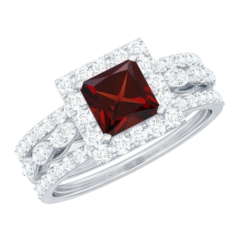 Princess Cut Garnet Bridal Ring Set with Moissanite Halo