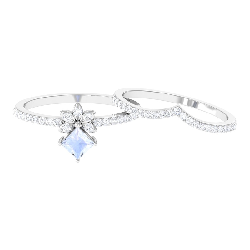 Princess Cut Moonstone and Diamond Flower Ring Set