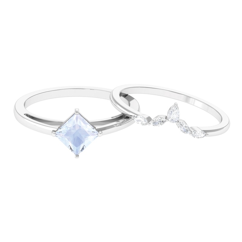Princess Cut Moonstone and Diamond Solitaire Ring Set