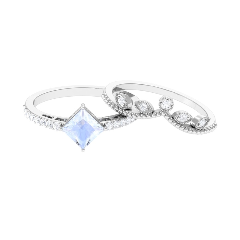 Princess Cut Moonstone Vintage Ring Set with Diamond