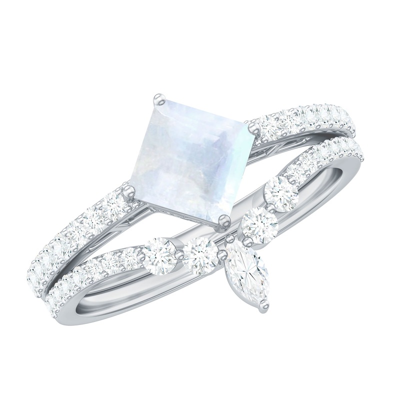 Princess Cut Solitaire Moonstone Designer Ring Set with Diamond