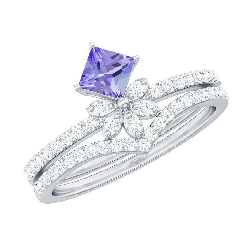 Princess Cut Tanzanite and Diamond Flower Ring Set