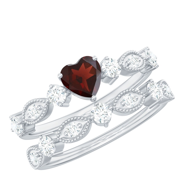 Real Garnet Stackable Ring Set with Diamond in Prong Setting