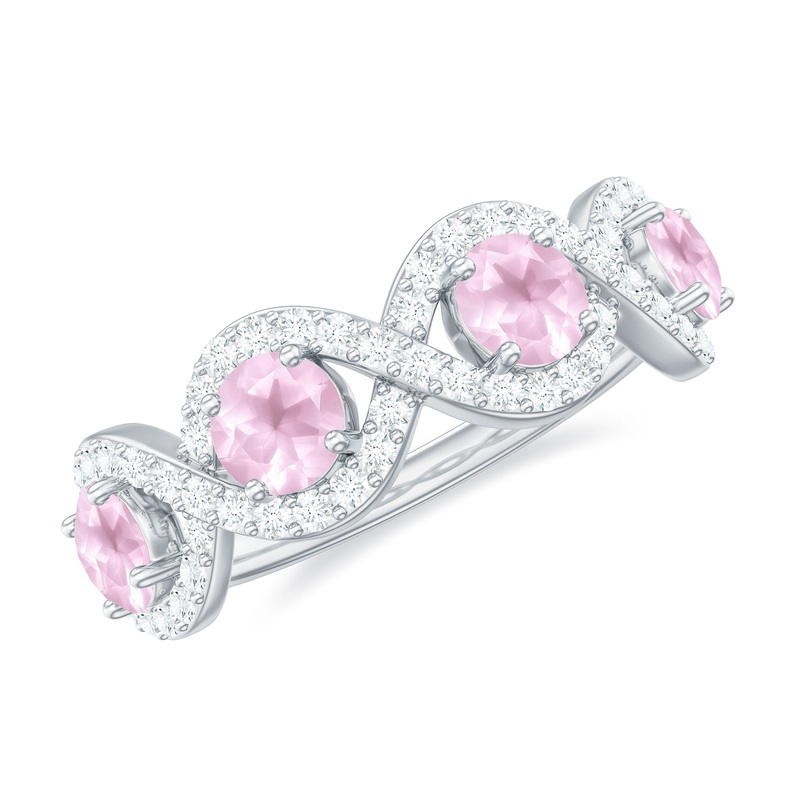 Real Rose Quartz and Diamond Braided Half Eternity Ring