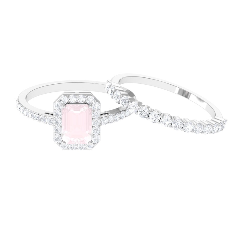 Real Rose Quartz and Moissanite Stackable Ring Set