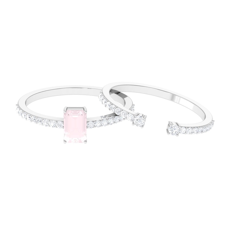 Real Rose Quartz Solitaire Ring Set with Diamond Open Cuff Band