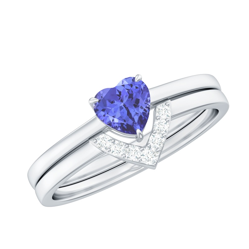 Real Tanzanite Heart Ring Set with Diamond