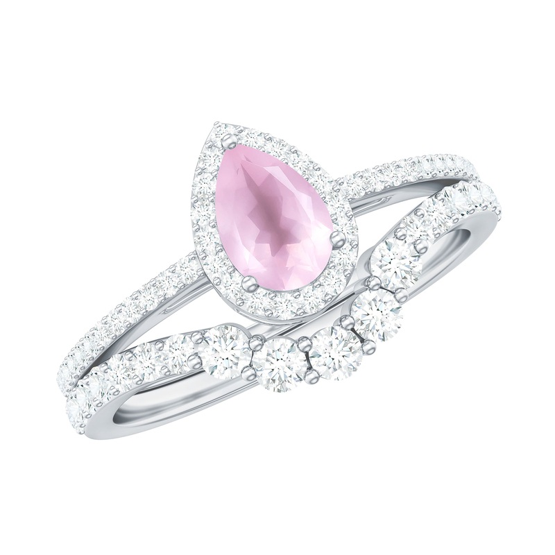 Rose Quartz Designer Teardrop Ring Set with Moissanite Halo