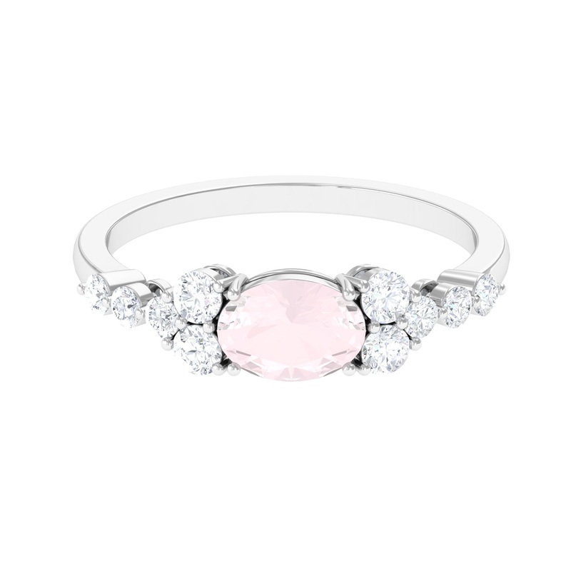 Rose Quartz Solitaire East West Ring with Diamond Side Stones