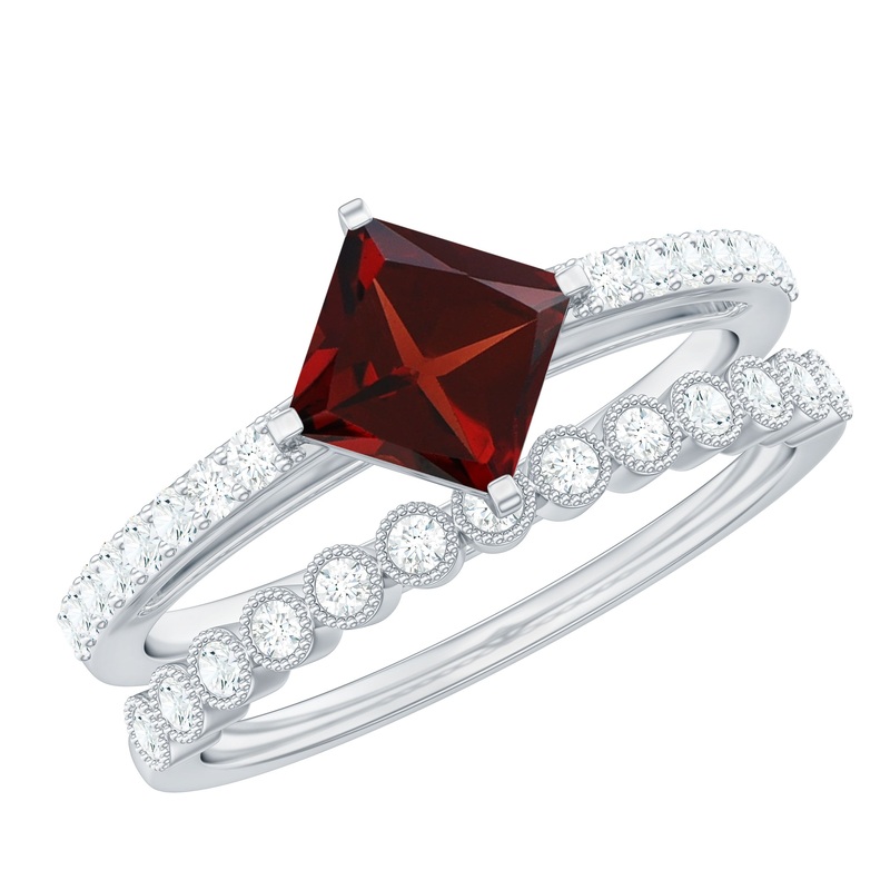 Solitaire Garnet and Diamond Ring Set