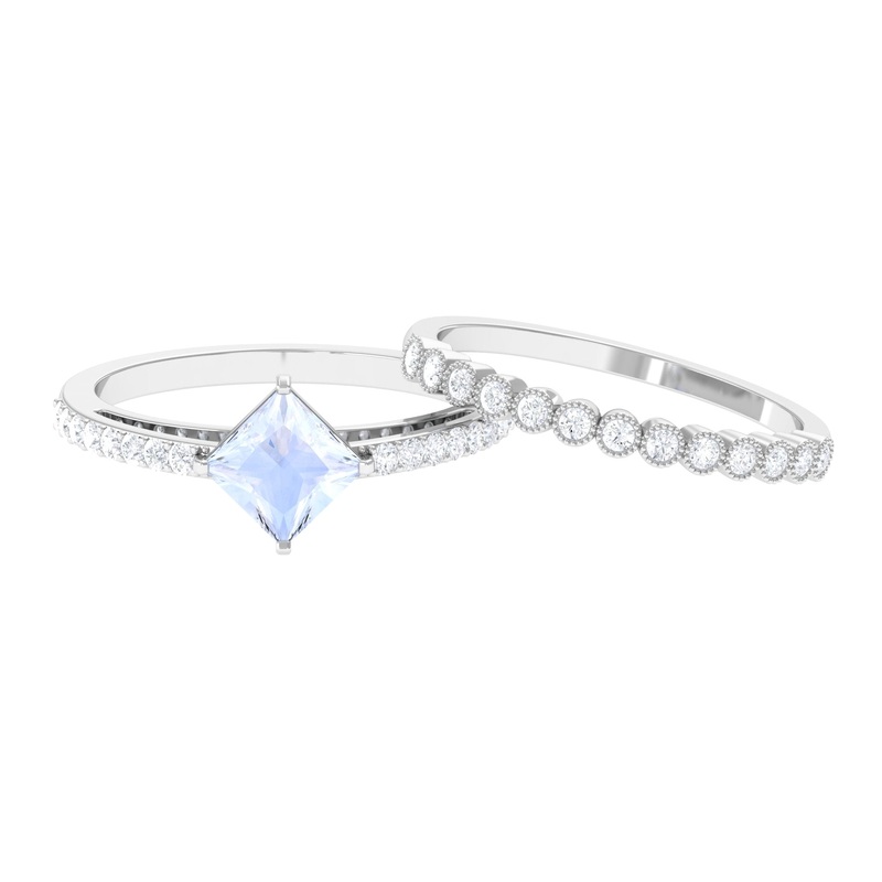 Solitaire Moonstone and Diamond Ring Set
